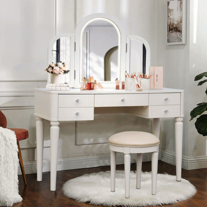 Mirrored Makeup Vanity Table Set With Adjustable Lighting And Storage