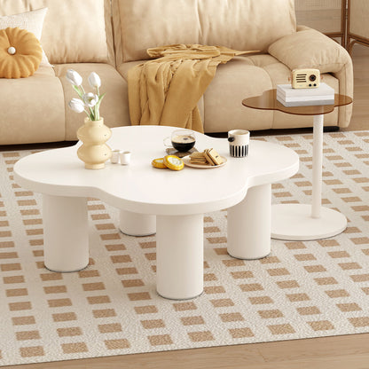 Modern Coffee Table (Set of 2), Irregular Shape Coffee Table With Four Roman Column Legs And End Table With Glass Top For Living Room - White