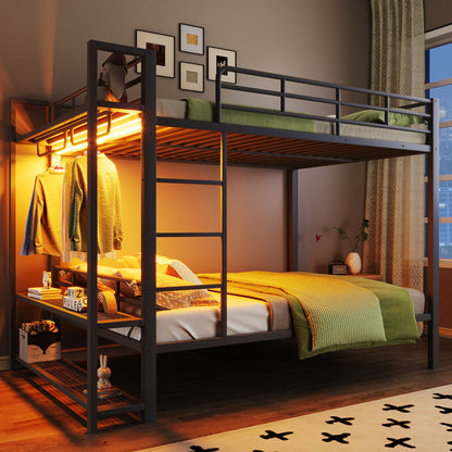 Bunk Bed With Storage Mesh Shelves, Clothes Hooks, LED Light