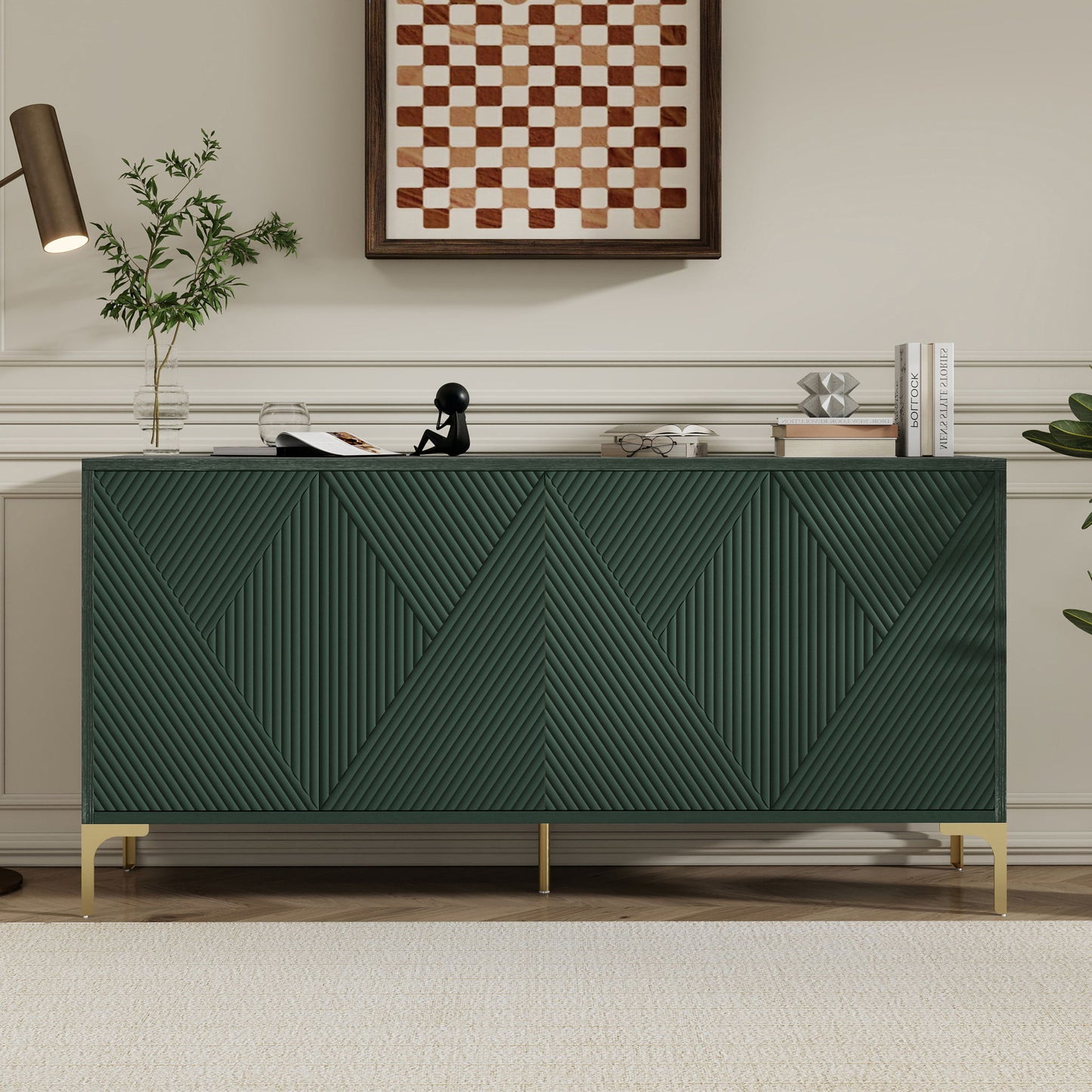 Modern Wood Sideboard Cabinet With Carved Door Panels, Adjustable Shelves, And Sturdy Metal Legs