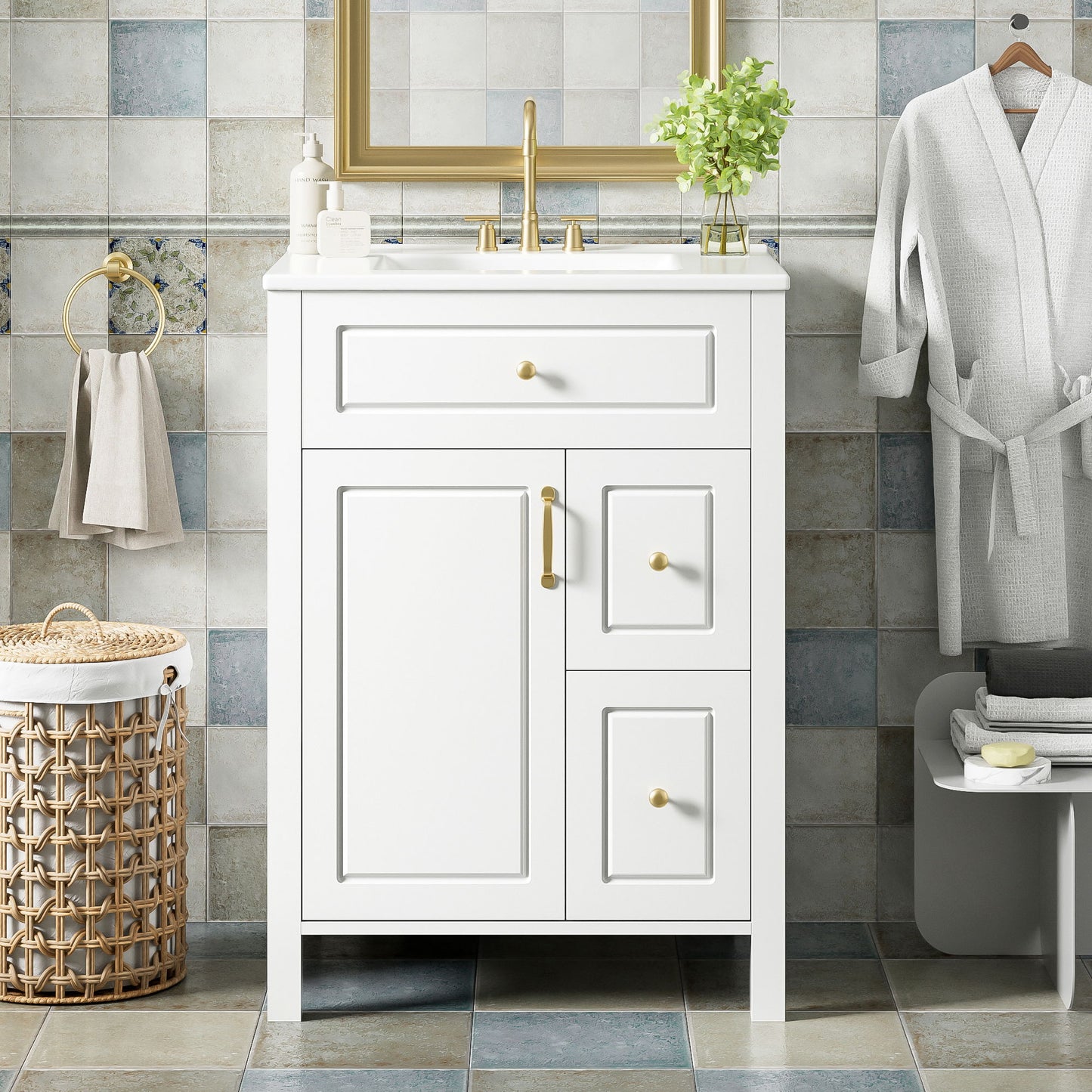 Elegant Bathroom Vanity With Ceramic Sink, Soft Close Doors And Drawers, Double Storage Racks