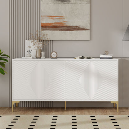 Modern Wood Sideboard Cabinet With Carved Door Panels, Adjustable Shelves, And Sturdy Metal Legs