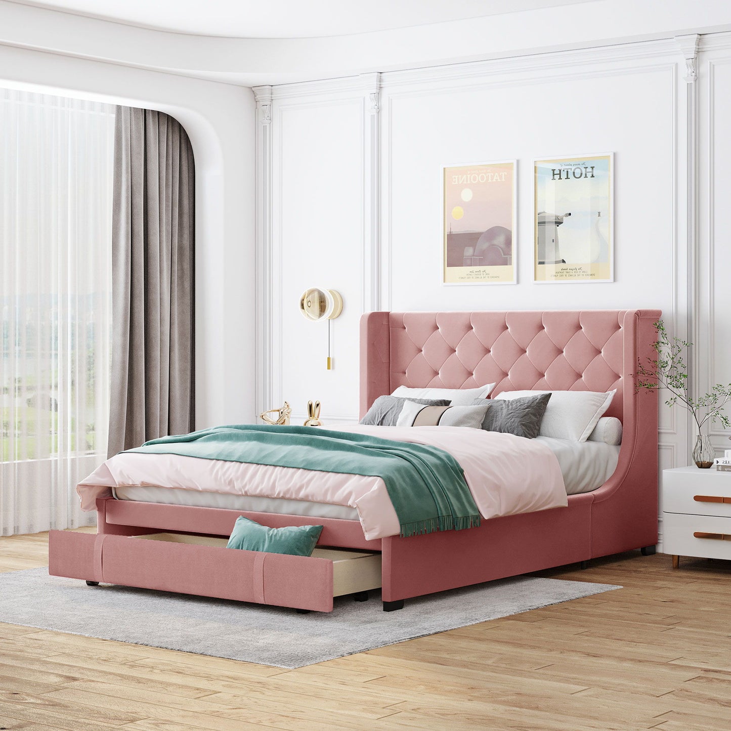 Storage Bed Velvet Upholstered Platform Bed With Wingback Headboard And A Big Drawer
