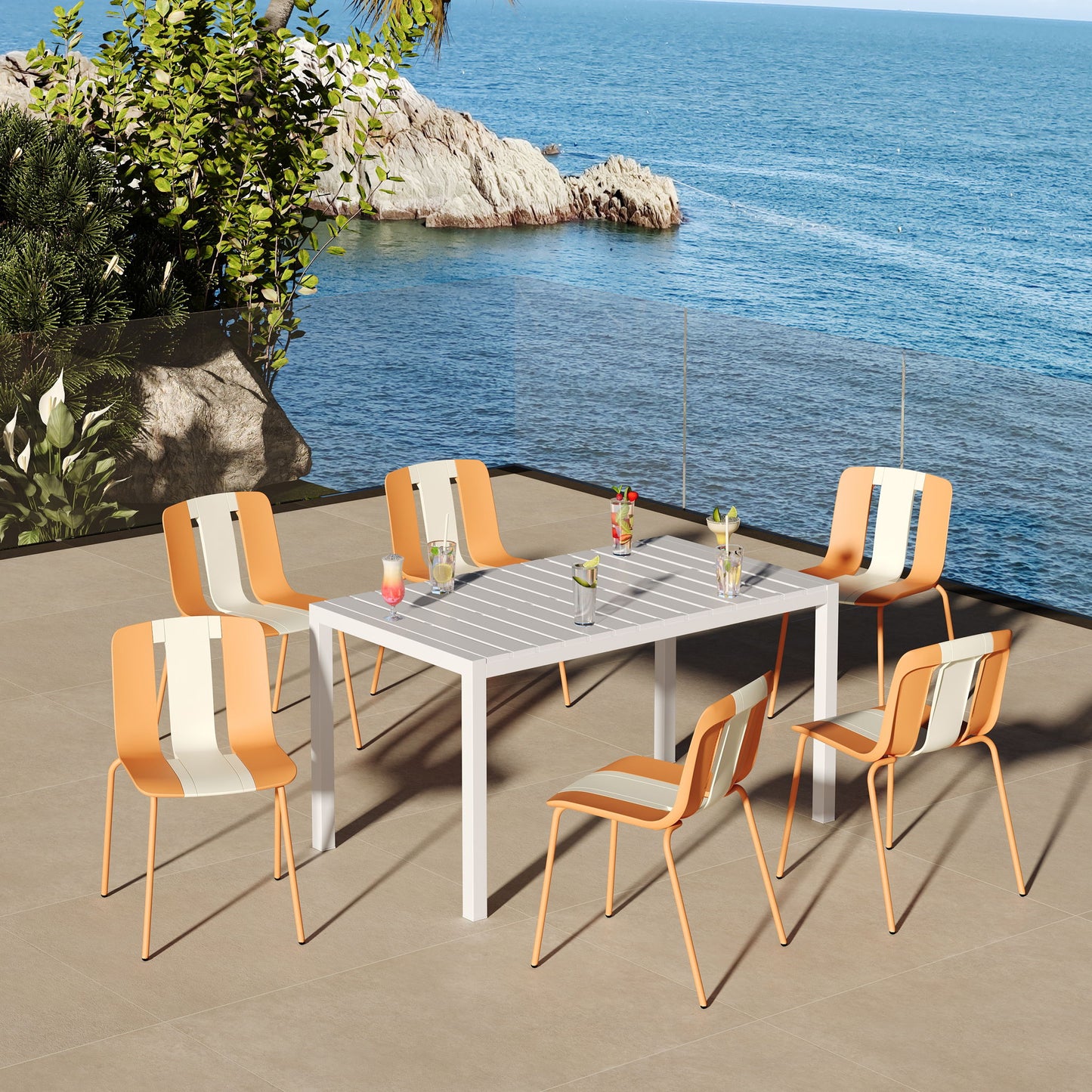 4 Piece Set Of Modern Striped Color- Blocking Single Chairs With Long Table