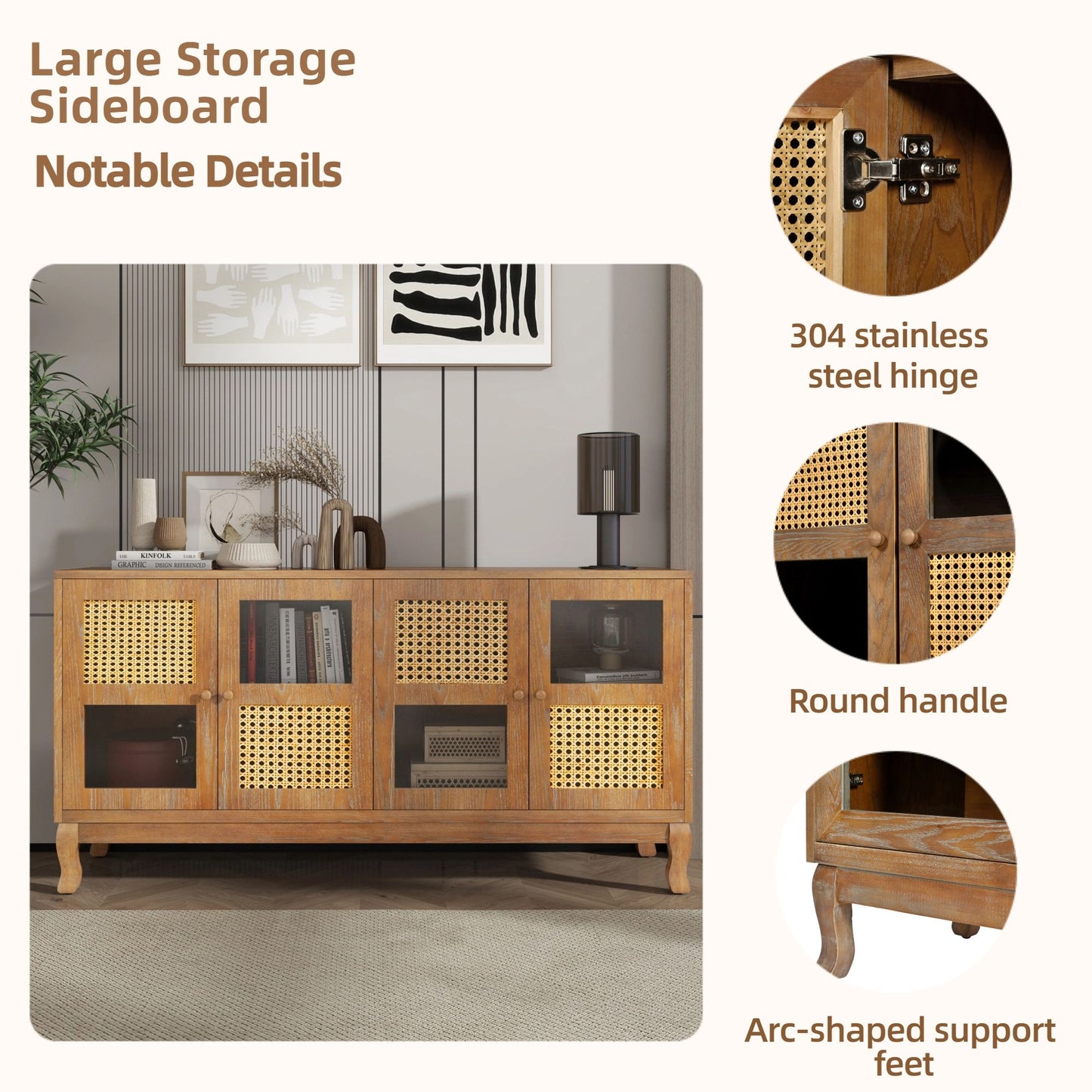 Retro Industrial 4 Door Sideboard With Large Storage, Rattan And Glass Doors