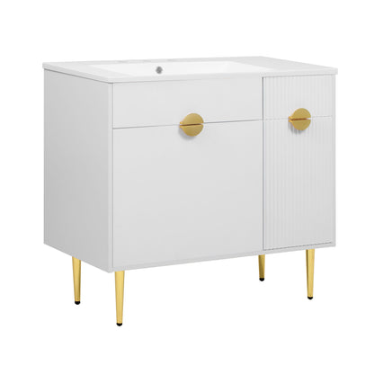 Bathroom Vanity With Sink, Storage Cabinet Soft Closing Door And Drop Down Compartment - White