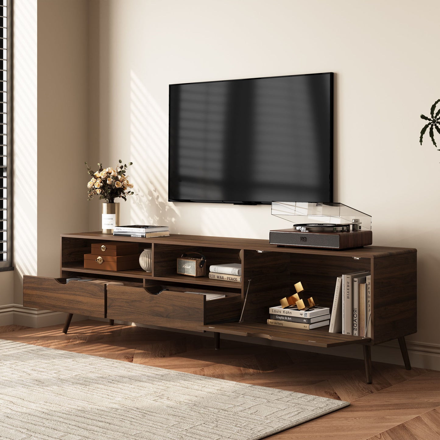 TV Stand With 2 Drawers, 1 Drop Down Door, Media Console Table - Natural