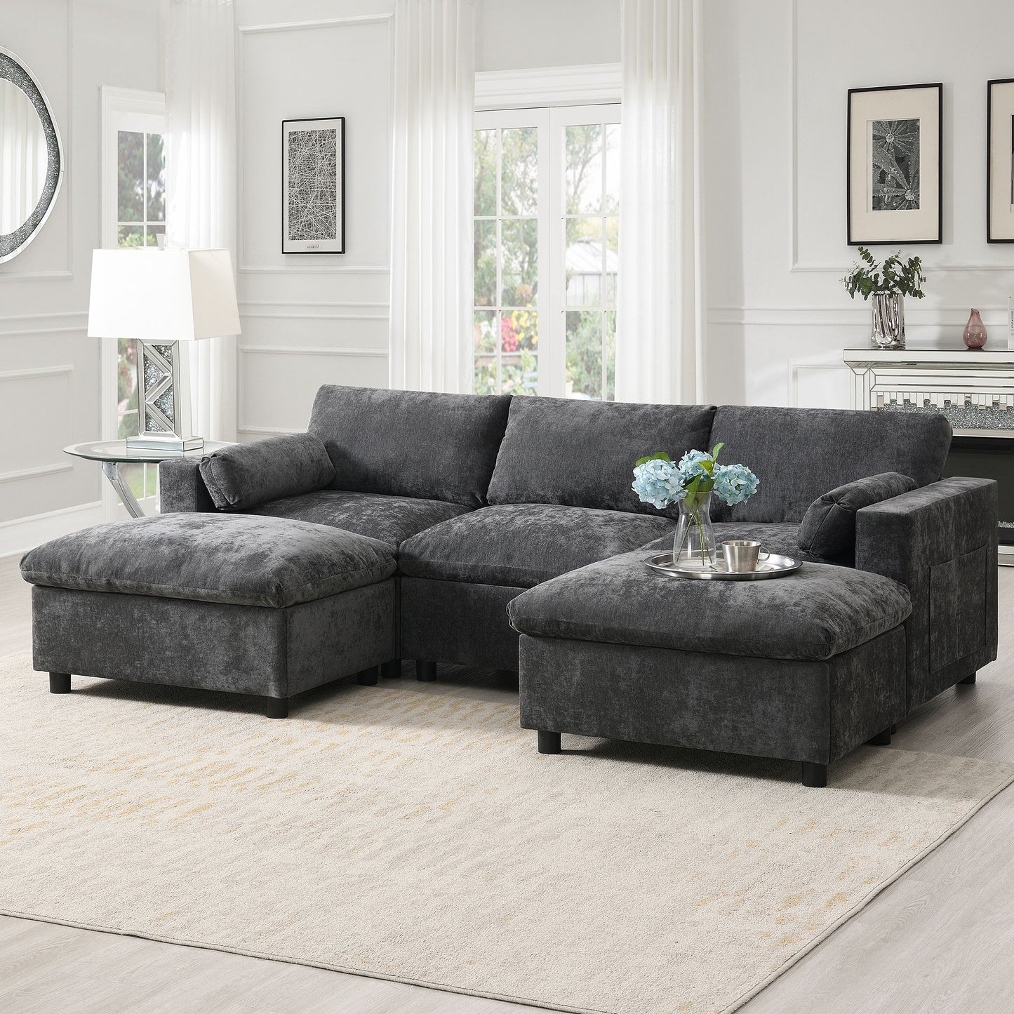 Modular Sectional With Storage Pockets, 5 Seat U Shaped Couch Set With Pillows, Free Combination Modern Cloud Sofa With 2 Movable Ottoman