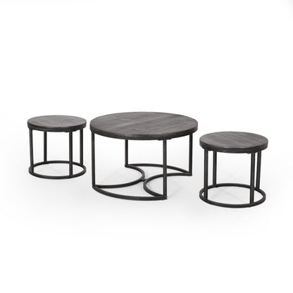 Icebergs - 3 Piece Coffee Table Set With Wood Top And Iron Base - Black / Gray