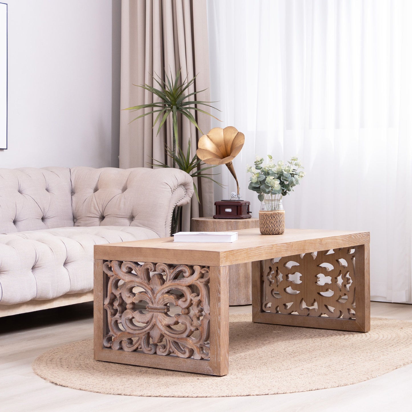 Rustic Carved Wood Coffee Table, Handcrafted Look With Ornate Side Panels