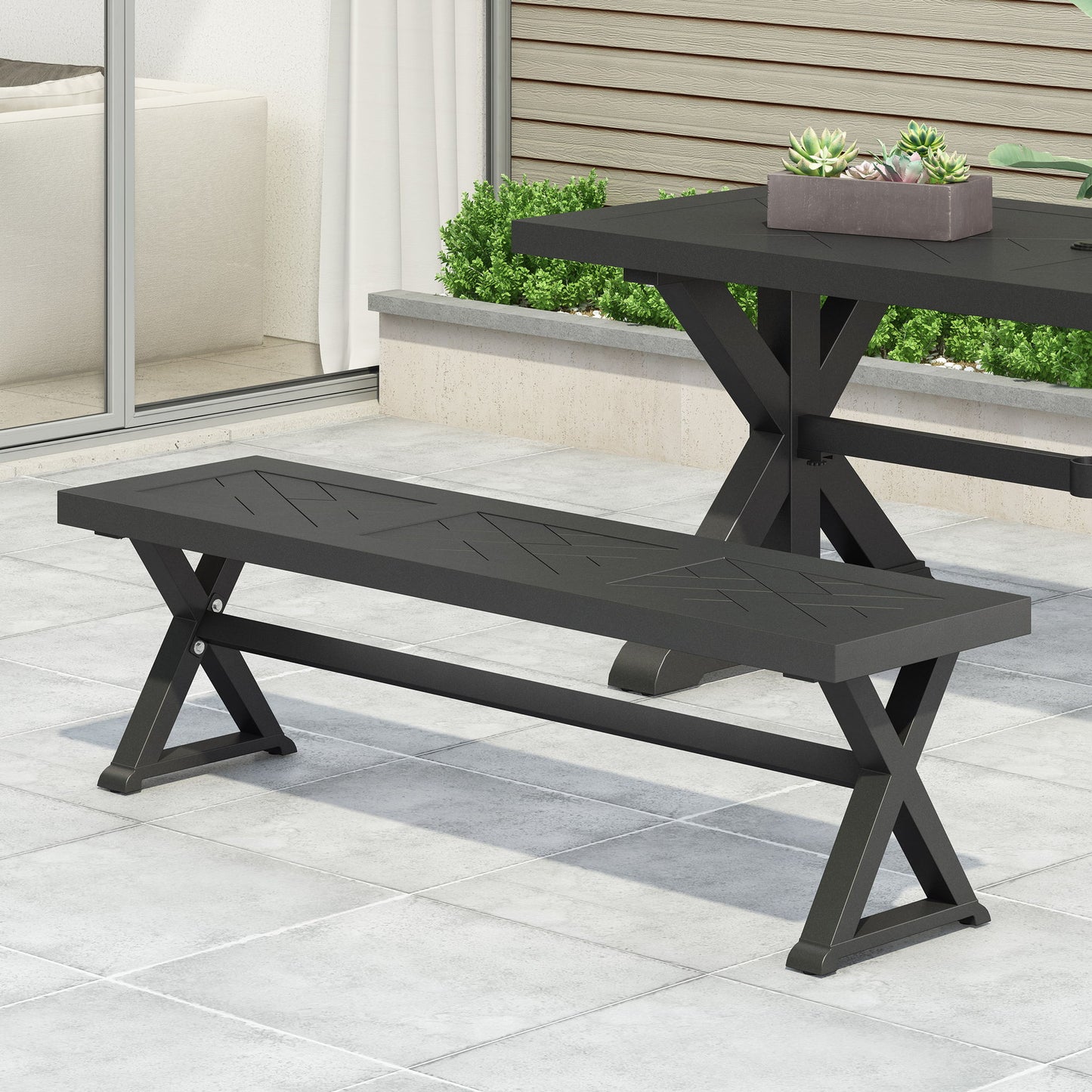 Modern Aluminum Outdoor Dining Bench With X Base
