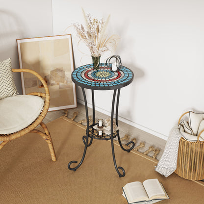 Ceramic Tile And Iron Patio Side Table With Shelf