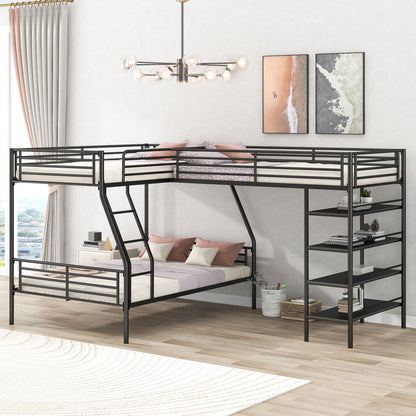 L-Shaped Twin Over Full Bunk Bed And Twin Loft Bed With 4 Built In Shelves - Black